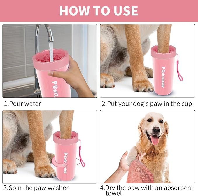 Dog Paw Cleaner, Washer,Muddy Pet Foot Cleaner for Small Medium Large Breed Dogs/Cats (with 3 absorbent towel) (Light Pink, Large)