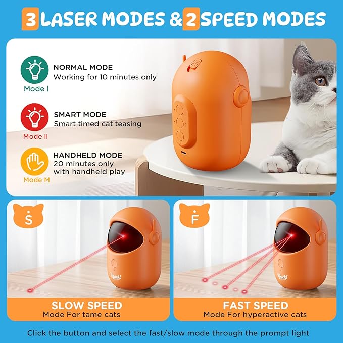Interactive Cat Toys for Indoor Cats, Cat Laser Pointer Toy, Rechargeable Automatic Cat Toy with Timer & Speed Modes for Cats Dogs Training and Exercise(Orange)