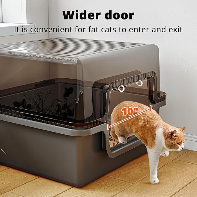 Oneluck Large Covered Cat Litter Box with Scoop and Transparent Lid, Non-Stick, Durable, Easy-Clean Pan for Multi-Cat Households,XL,Black