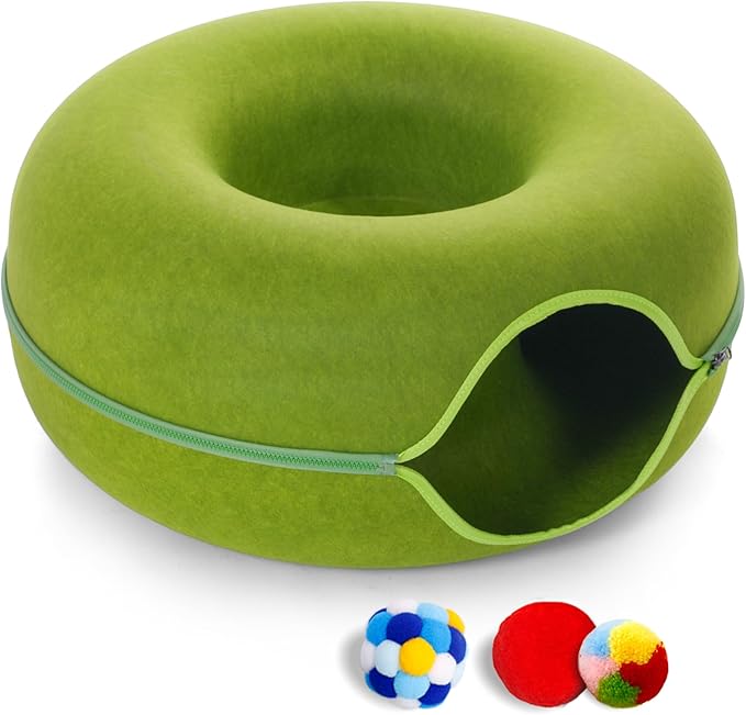 Large Cat Tunnel Bed for Indoor Cats with 3 Toys, Scratch Resistant Donut Cat Bed, Up to 30 Lbs (L 24x24x11, Green)