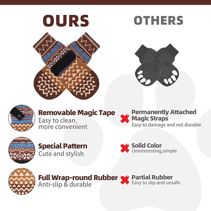 KOOLTAIL Dog Socks to Prevent Licking Paws for Hardwood Floors Anti Slip, Winter Warm Pet Boots&Paw Protector with Grippers, Double Sides Dog Shoes Booties for Small Medium Large Senior Dogs Khaki M