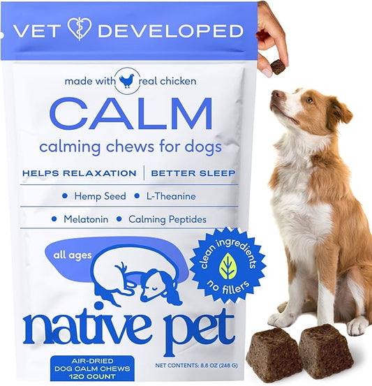 Native Pet Calming Chews for Dogs - Melatonin for Dogs Anxiety Relief - Grain Free All Natural Hemp Calming Treats & L-Theanine Helps Manage Stress & Separation Anxiety - Puppy Sleep Aid - 120 Chews
