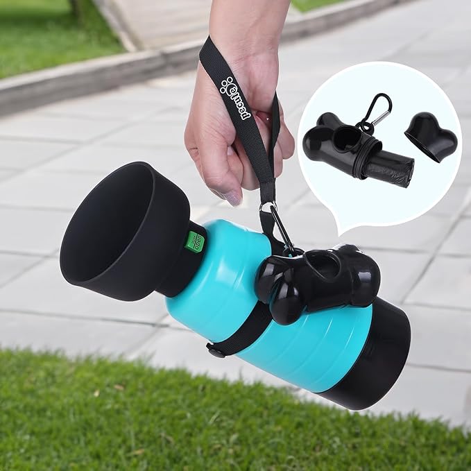 Pecute Dog Water Bottle Portable 22 oz with 5 oz Food Container, Poop Bag Holder, Portable Dog Water Bottle Dispenser, Leakproof, Lightweight, Pet Water Bottle for Dogs Outdoor Travel Walking