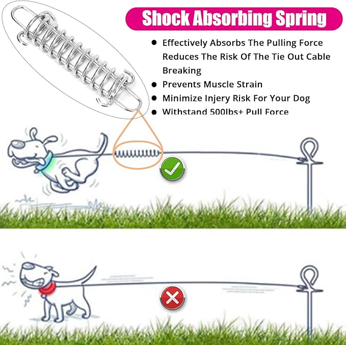 jenico Dog Tie Out Cable, 10/15/20/30/40/50/70/100/150FT Dog Runner Cable with Swivel Hook and Shock Spring, Dog Leash Run Tether for Yard Outdoor and Camping,for Small to Medium Pets Up to 500 LBS