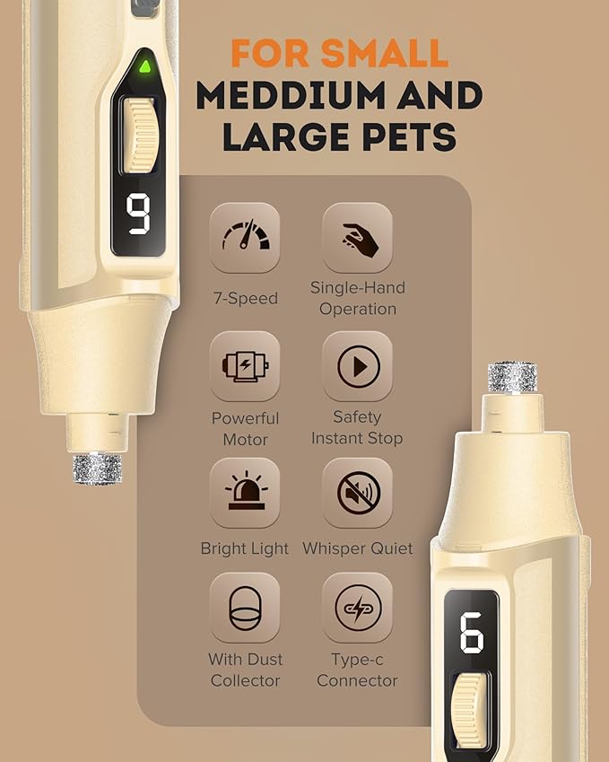 YABIFE 7-Speed Pet Nail Grinder with Light – Heavy Duty, Whisper Quiet Nail Trimmer for Dogs, Cats, Birds & Small Animals – Single-Handed Operation