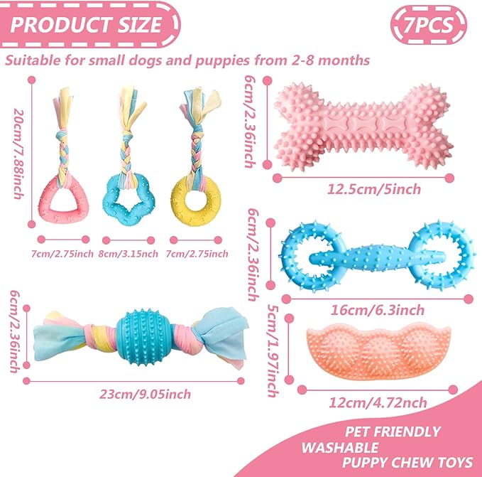 7 PCS Puppy Toys,Puppy Chew Toys for Teething Small Dogs Toys for Puppies 0-6 Months,Pink Cute Rubber Dog Rope Toys for Puppies Anxiety Relief Cleaning Teeth and Protect Oral Health.