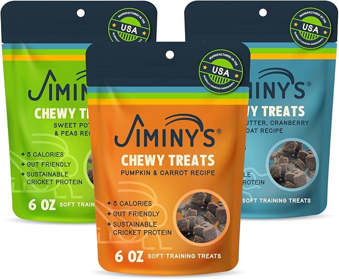 Jiminy's Chewy Cricket Dog Training Treats, Low Calorie, Hypoallergenic, Made in USA, 6oz, Variety Pack (Pack of 3)