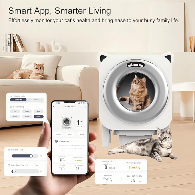 BZW Self Cleaning Litter Box Automatic - Extra Large Self-Cleaning for Multiple Cats - APP-Controlled with Smart Sensors - Odor-Free - Safety Protection - Low Noise, 1 Roll Garbage Bags, Silver