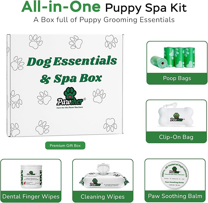 Puppy Essentials Kit Contains Dog Wipes for Paws and Butt, Nourishing Paw Balm, Teeth Cleaning Wipes & Poop Bags Set | Dog Camping Essentials and Travel Accessories