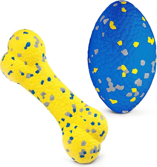 2Pcs Upgrade Bone Dog Balls+Rugby Dogs Toys for Aggressive Chewers, Indestructible Tennis Balls for Dogs (Blue+Yellow)