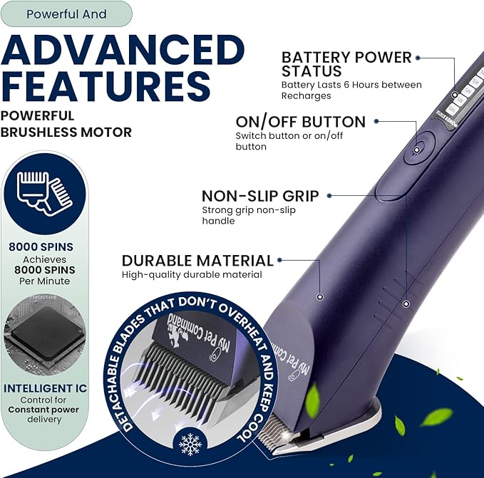 My Pet Command Professional Dog Grooming Clipper, Cordless Hair Trimmer, Brushless Motor, Heavy Duty Kit for Dogs Pets Cats, for Thick Coats, Low Noise, Light Weight