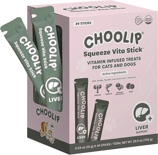 Grab & Go Squeeze Vita Stick Lickable Treats for Dogs & Cats. 49 Liver Support Sticks with Essential multivitamins. Soft and Tasty Paste for All Life Stages, Supporting Liver Health