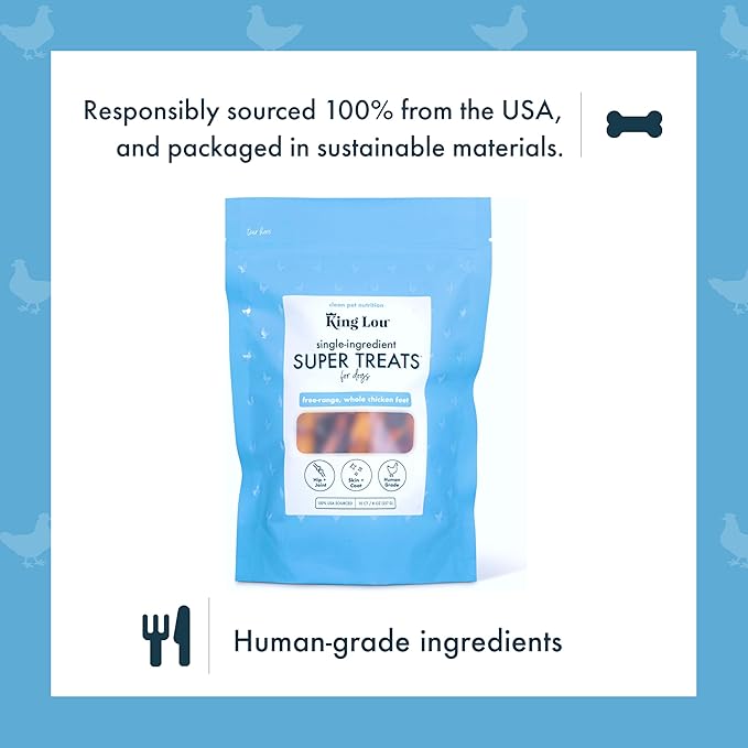 King Lou Pets - Whole Chicken Feet for Dog - Dehydrated Chicken Feet for Dog Treats - USA-Made Dental Treats for Dogs - Collagen, Glucosamine, Chondroitin for Hip and Joints - 10 Count