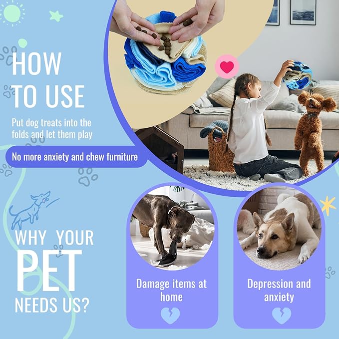 Pet Snuffle Ball, Puzzle Sniffing Interactive Dog Ball for Blind Dogs Training Stress Relief Dog Enrichment Toys Treat Machine Washable (15cm, Serenity Blue)