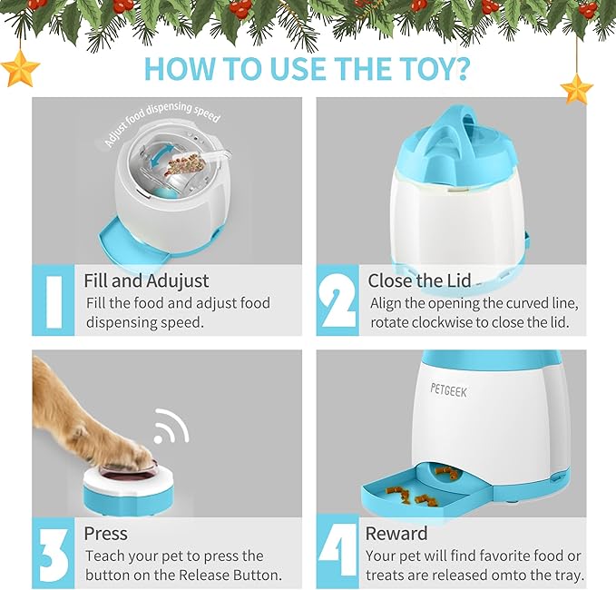 PETGEEK Dog Treat Dispenser with Button, Automatic Dog Feeder with Remote Control and Dual Power Supply, Dogs Puzzle Toys and Interactive Pet Stimulation Toys for Indoor/Outdoor Play (Blue)