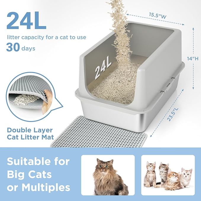 LIHONG Stainless Steel Cat Litter Box, XL Metal with Lid, Cat Litter Pan for Large Cats, Non-Sticky Large Kitty Litter Box, Anti-Leakage, 23.5" X 15.5" X 14" XXL