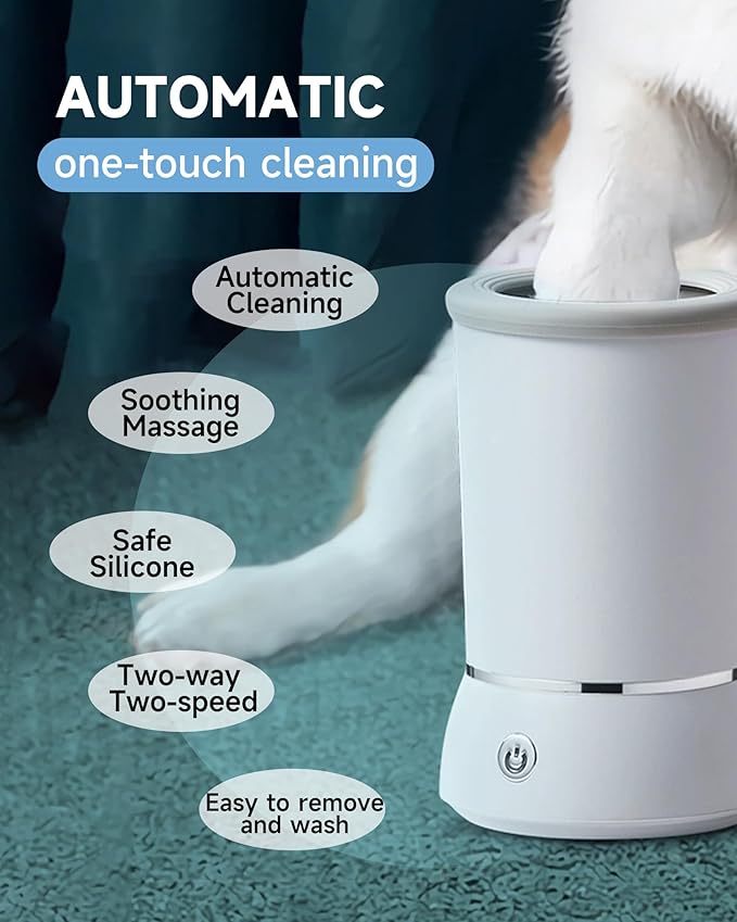 Automatic Dog Paw Cleaner for Dogs，Electric Dog Foot Paw Washer Cup and Massager，2 Speeds for Thorough Cleaning and USB Rechargeable,Pet Paw Feet Cleaner for Small Medium Dogs Cats (White)