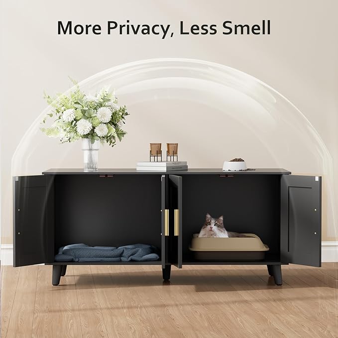 Homhedy Cat Litter Box Enclosure for 2 Cats, Wooden Cat Washroom Furniture with Double Doors, Stylish Pet House to Hide Litter Box, Save Space, Black