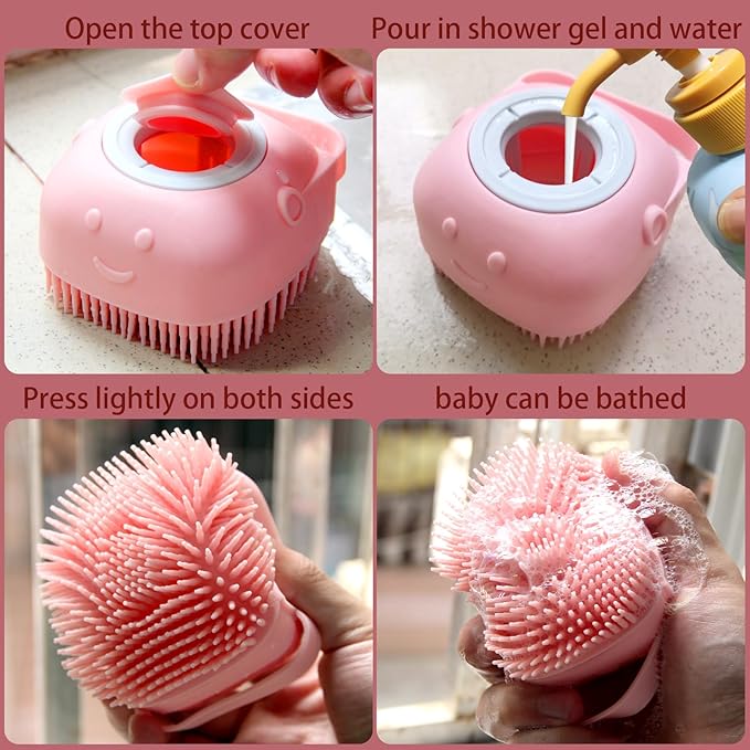 Pet Bath Brush Dog Bath Brush Shampoo Dispenser Soft Silicone Dog Bathing Brush Dog Shampoo Brush scrubbers for Cats and Dog Shower Brush Grooming (Pink)
