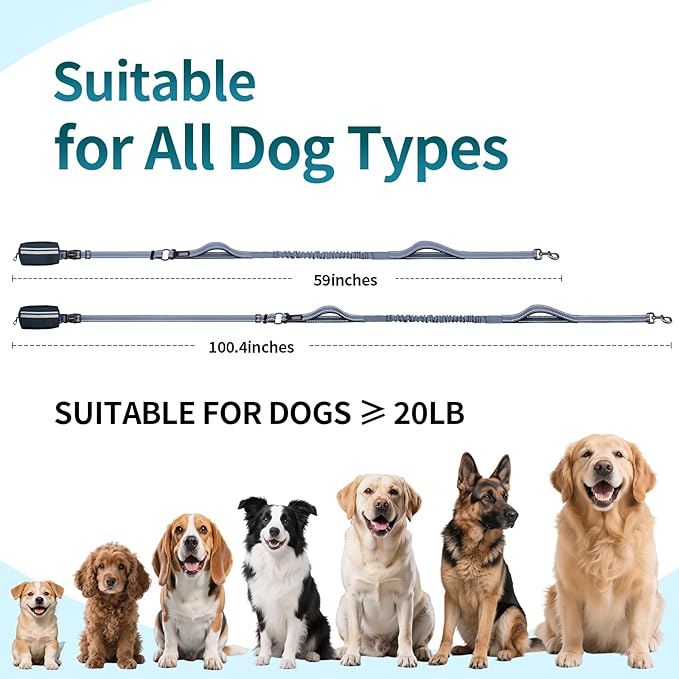 Hands Free Dog Leash with Removable Zipper Pouch, Dual Padded Handles and Durable Bungee for Walking, Jogging and Running-Navy Blue