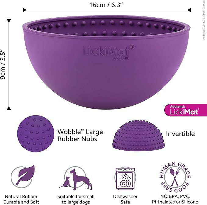 LICKIMAT Wobble, Dog Slow Feeder Bowl Lick Mat, Boredom Anxiety Reducer; Perfect for Food, Treats, Yogurt, or Peanut Butter. Fun Alternative to a Slow Feed Dog Bowl, Purple