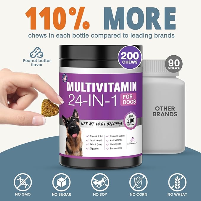 24-in-1 Dog Vitamins and Supplements 200 Ct Dogs Multivitamin Chewable Contain Chondroitin Probiotics Omega-3 Glucosamine for Dogs Skin Coat Heart Joint Gut Digestion Liver Brain Eyes Immune Support