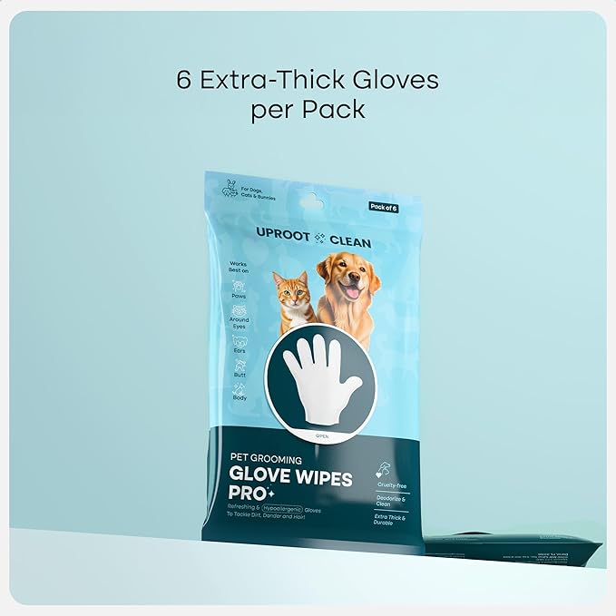Uproot Clean Dog Cleaning Gloves: 1 Month Supply - Extra-Thick Pet Glove Wipes for Dogs & Cats - Easy Wipe Paws, Eyes, Ears, Butt, & Body - Lick-Safe - Cleaning, Deodorizing & Grooming (6 Pack)