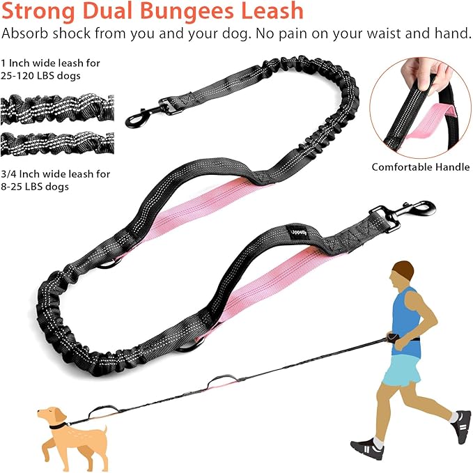 Hands Free Dog Running Leash with Waist Belt, Dual Handle Elastic Bungees Retractable Rope for Medium and Large Dogs, Reflective Stitches for Walking Hiking Biking (Large Pink, 25-120lb