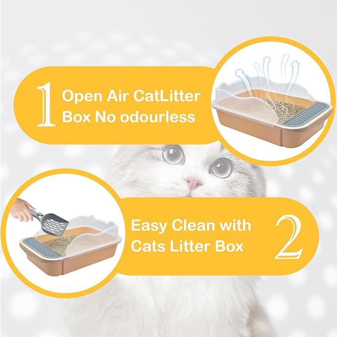 Open Cat Litter Box with High Side,Anti-Splashing Cats Litters Pan,Kitten Toilet with Litter Sifting Scoop,Semi-Enclosed Removable Kittens Litter for Boxes Easy to Clean No Odork(Khaki)