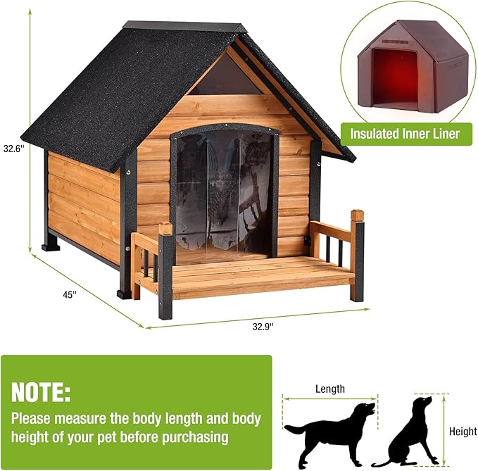 GUTINNEEN Outdoor Dog House Insulated Weatherproof Dog Kennel with Anti-Bite Metal Frame, Puppy Shelter with Insulated Liner and Porch for Small, Medium Large Dogs (Brown, 45’’ Medium)