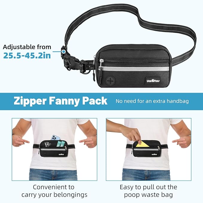 Hands Free Dog Leash, Shock Absorbing Waist Leash for Dog Walking, Jogging, Hiking, Adjustable Waist Belt with Fanny Pack & Handle, Reflective Pet Running Belt for 2 Small, Medium, Large Dogs