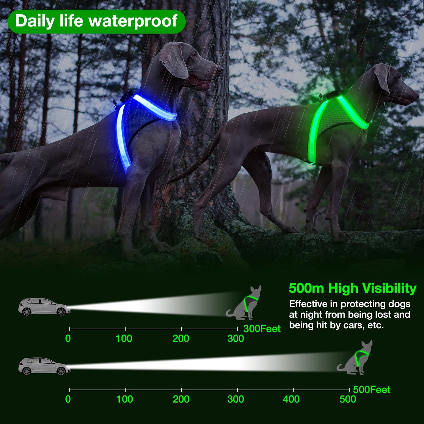 ChalkLit Light Up Dog Harness, No Pull Led Dog Harness Glow-in-The-Dark for Night Walking, USB Rechargeable Lighted Safety Vest for Medium Large Dogs, Adjustable Soft Mesh Fully Illuminated(Green, L)