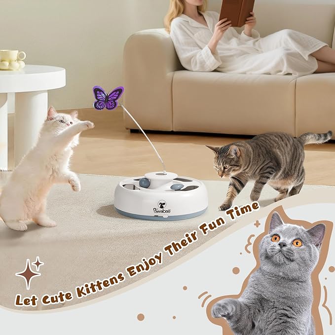 Pawaboo 3-in-1 Automatic Interactive Cat Toy, Electronic Motion Kitten Toy with Fluttering Butterfly Teasers, Track Ball & Random Hide Mouse, USB Rechargeable Cat Teaser Mouse Toys for Indoor Kitties