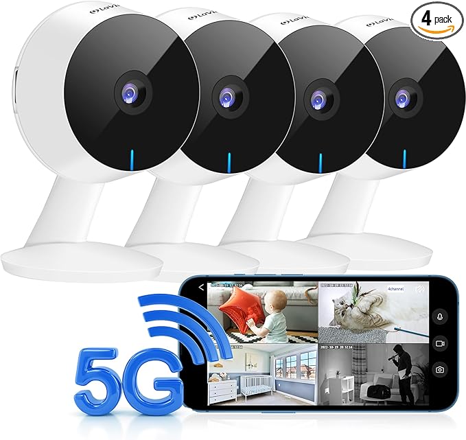 LaView 5G& 2.4GHz Security Cameras 4pcs, Home Security Camera Indoor 1080P, Wi-Fi Cameras Wired for Pet, Motion Detection, Two-Way Audio, Night Vision, Works with Alexa, iOS & Android & Web Access