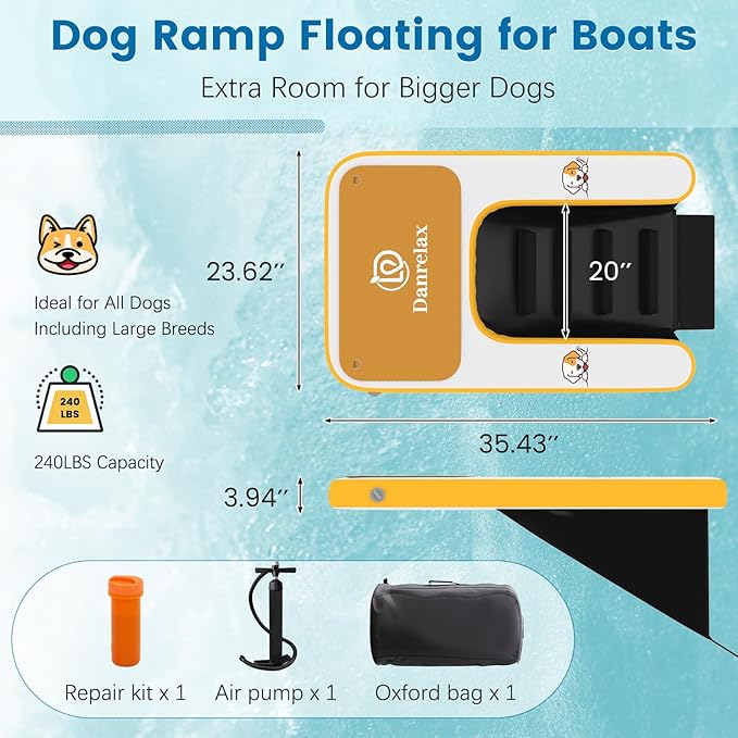 Inflatable Dog Boat Ramp, 35" L x 24" W x 4" H Perfect for Small-Sized Pets Up to 220 lbs, Boat Water Ladder with Claw-Friendly High Stability Non-Slip EVA Float for Pool, Lake, Dock & Seat