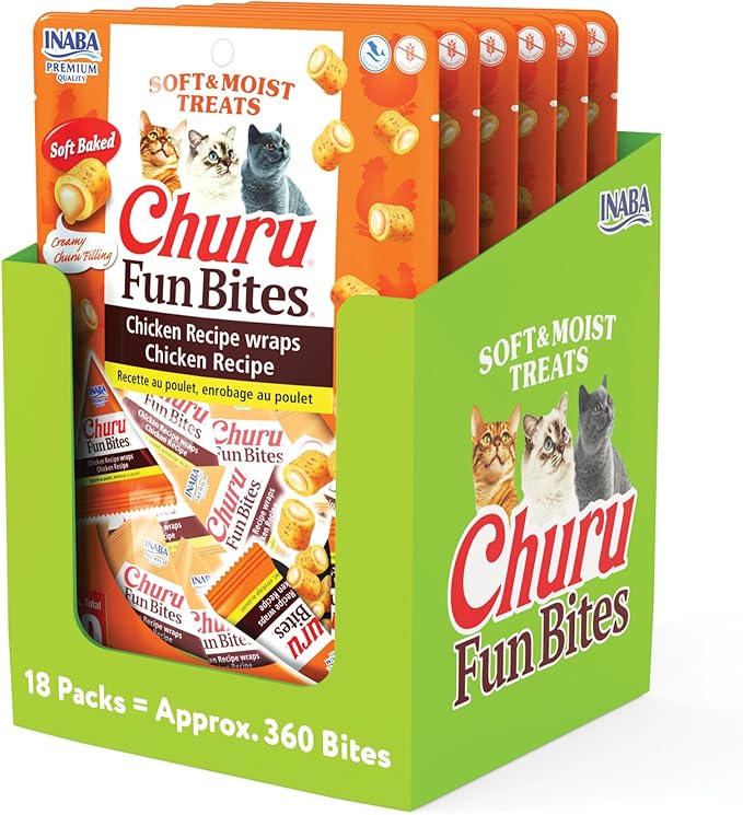 INABA Churu Fun Bites for Cats, Soft & Chewy Cat Treats with Taurine, 0.42 Ounces Each Tetra, 18 Tetras (3 per Bag), Chicken Recipe