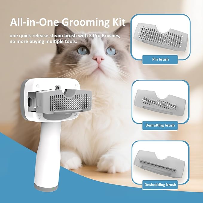 5 in 1 Pet Steam Brush for Dogs & Cats – Self Cleaning, 3 Pet Brush for Smoothing, Dematting, Thinning – Shedding, Grooming & Hair Removal, Includes Enssence & Storage Case