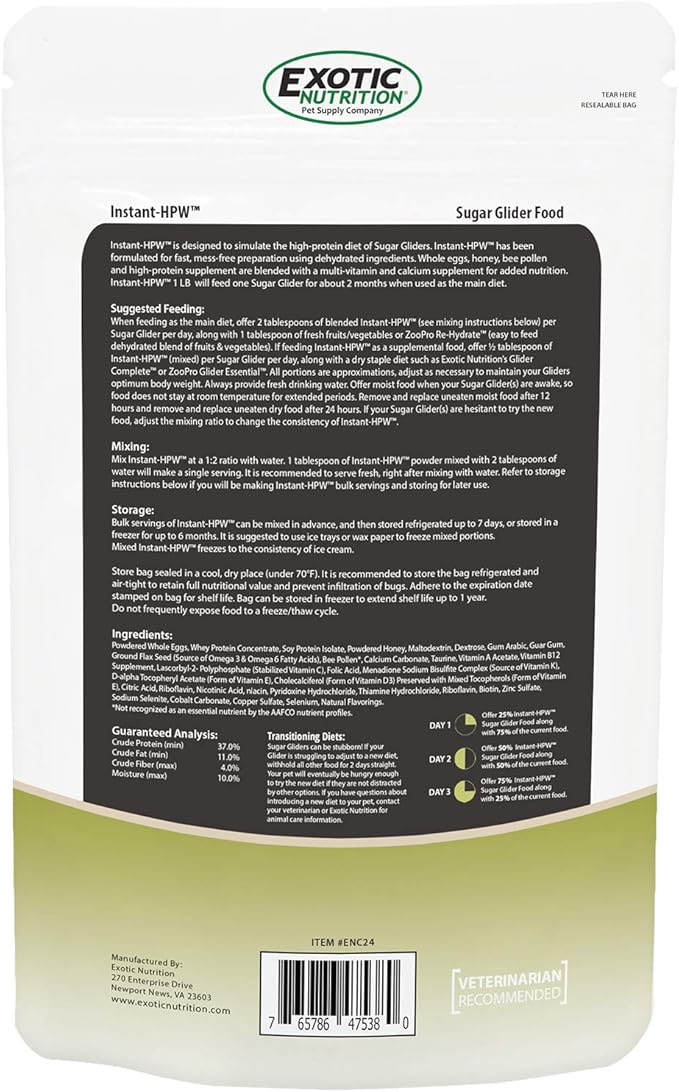 Instant-HPW - All Natural Vitamin Enriched Sugar Glider Food - Healthy & Nutritious - High Protein Wombaroo - Staple Diet (1 lb)