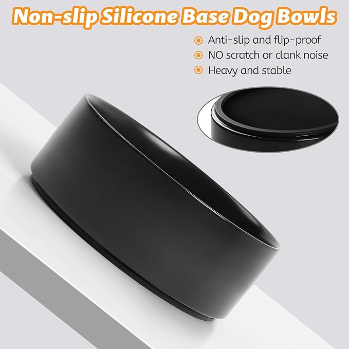 Large Dog Bowls, Non Slip Heavy Ceramic Dog Food and Water Bowl with Silicone Base, 8" Pet Feeding Bowl for Small, Medium, and Big Dogs (Black, 8 Inches)