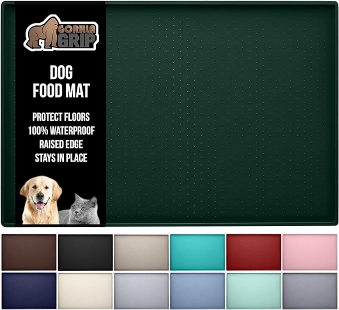 GORILLA GRIP 100% Waterproof Raised Edge BPA Free Silicone Pet Feeding Mat, Dog Cat Food Mats Contain Spills Protects Floors, Placemats for Cats and Dogs Water Bowl, Pets Accessories 23x15 Green