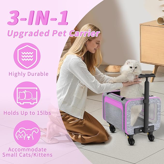 3-in-1 Upgraded Pet Carrier with Wheels, 18" x 11" x 11" TSA Airline Approved, Cat Carrier on Wheels for Small Cats Up to 15Lbs, Rolling Pet Carrier, Cat Soft-Sided Bag for Flying, Travel & Vet