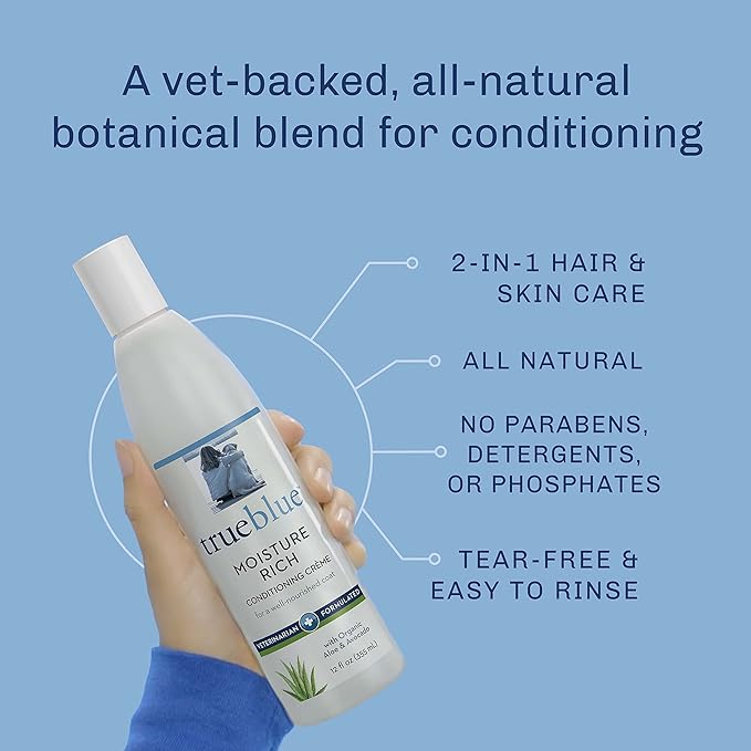 TrueBlue Aloe & Avocado Moisture-Rich Conditioning Dog Crème – Conditioner Cream for Dogs, Puppies - Deodorizing, Moisturizing, Tearless – Toxin Free, Natural Botanical Blend – 12 Fl. Oz.