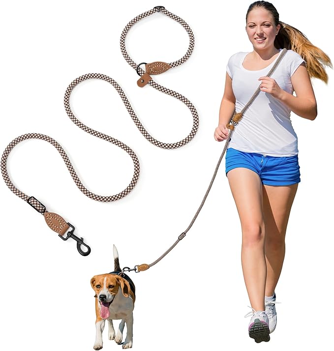Mile High Life Hands Free Dog Leash, Crossbody Waist Leash with Genuine Leather Connection, Multifunctional Adjustable Slip Lead for Dog Walking Running (Brown, 8FT)