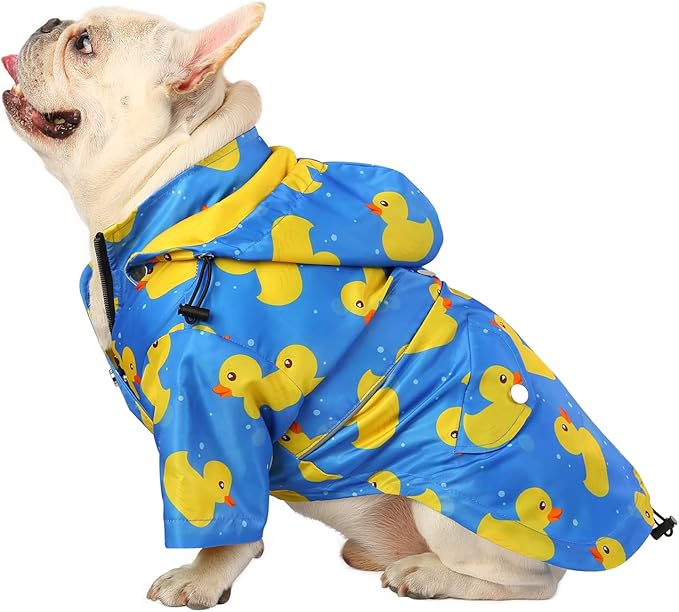 HDE Dog Raincoat Poncho Double Layer Zip Rain Jacket with Removable Hood, Leash Hole for Small to 3XL Dogs and Puppies Ducks Blue - L