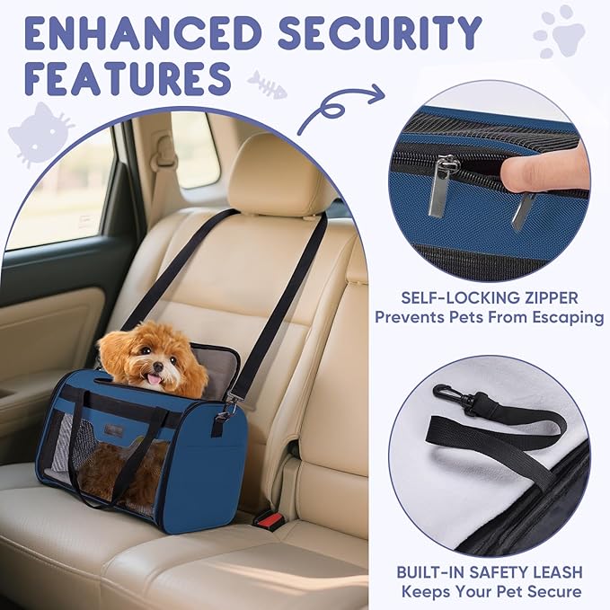 BALEINE Cat Carrier, Puppy Dog Carrier for Small Medium Pets Up to 22 Lbs, Soft-Sided Dog Travel Bag with Safety Zippers, Collapsible Pet Carrying Case (Blue, XL, 19"x12"x12")