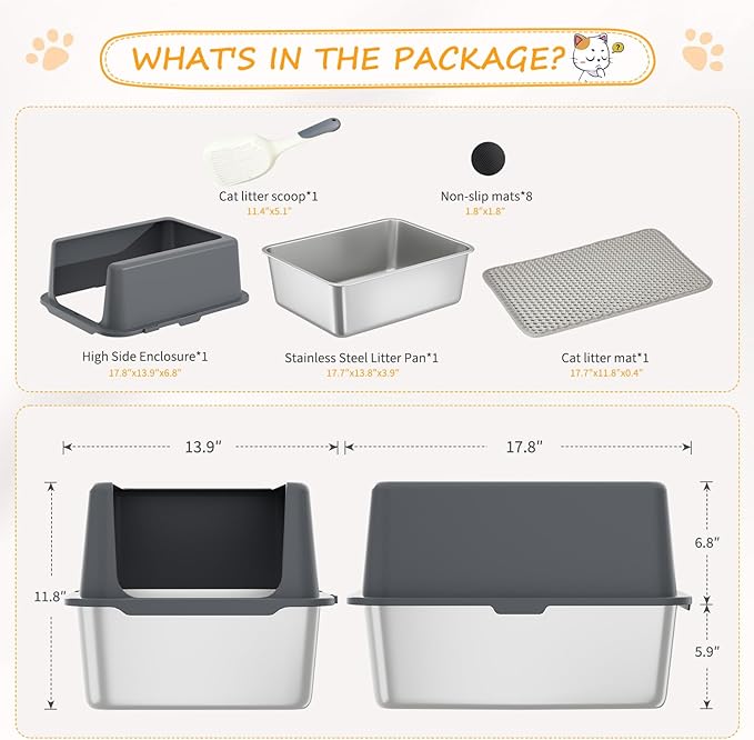 Stainless Steel cat Litter Box, Covered Metal Litter Box, cat Litter Pans with high Sides, Kitty Litter Boxes for Indoor Cats (Non Sticky, Easy to Clean, Anti-Urine Leakage) 17.5" L x 13.5" W x 6" H