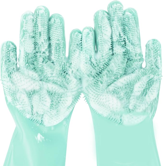 Pecute Heat Resistant Pet Grooming Gloves, Green, with High-Density Teeth, Silicone Bathing and Massaging Gloves for Dogs and Cats