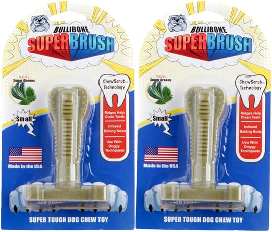 Bullibone SuperBrush: Dog Teeth Cleaning Brushing Toothbrush Stick - Long Lasting Nylon Super Greens Chew Toy for Oral Care and Dental Health