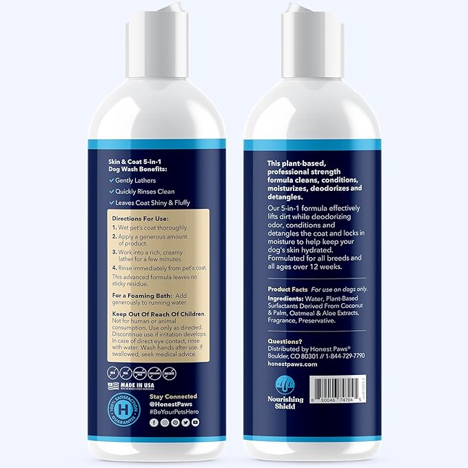 Honest Paws Dog Shampoo and Conditioner - Premium Dog Wash for Allergies Dry, Itchy, Moisturizing for Sensitive Skin - Sulfate Free Plant Based All Natural - Lightly Scented w/Odor Control -16 Fl Oz