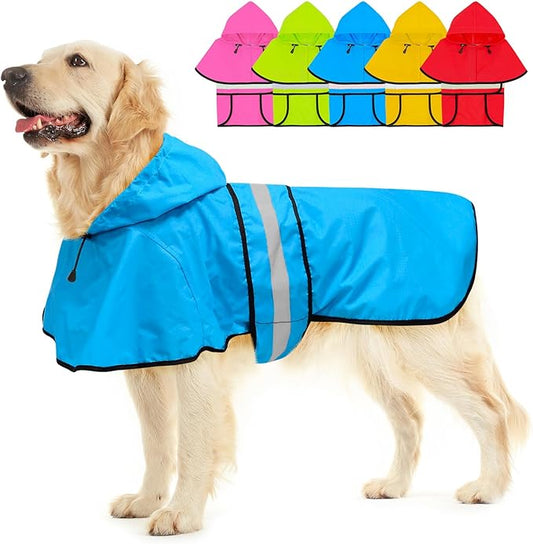 Hooded Dog Raincoat - Reflective Dog Rain Jacket Lightweight Waterproof Rain Coat for Small Medium Large Dogs (Large, Blue)